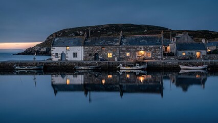 Fototapeta premium Tranquil fishing harbour village at blue hour with reflections and moored boats