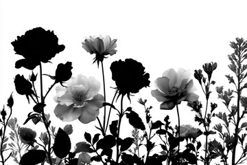 Naklejka premium Beautiful black and white floral garden silhouettes of blooming roses.