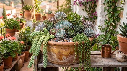 Fototapeta premium Terracotta pot overflowing with succulent plants