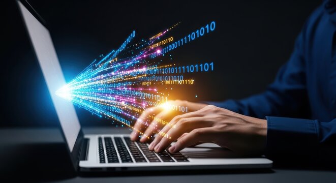 Advanced technology concept with hands typing on laptop and glowing digital information streams and binary code.