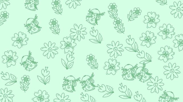 Pastel background with cheerful doodle owls, flowers in repeating pattern for nature themed projects. Suitable for wallpaper, stationery, fabric design. 