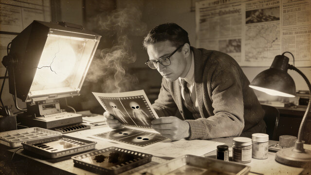 Man researcher in dark office investigating mysterious alien film negative. Secret government conspiracy involving extraterrestrial life evidence. Retro vintage photography of paranormal study.