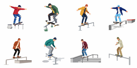 Set of diverse skateboarders performing tricks and grinding on rails and ledges in a flat vector illustration style, isolated on white background. © Sabrina