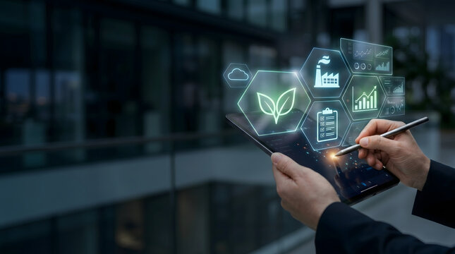 Visualisasi dashboard ESG perusahaan untuk pemantauan emisi karbon, keberlanjutan, dan indikator kinerja lingkungan secara digital