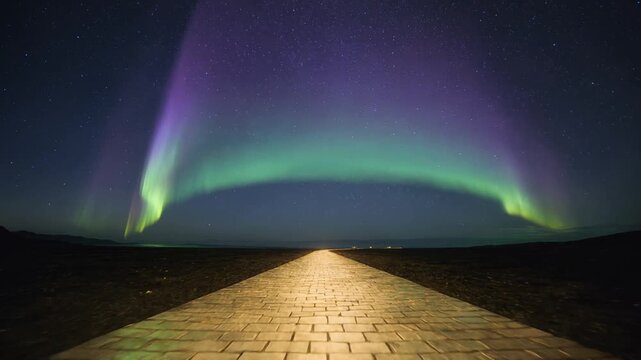 Dreamlike golden brick road leading toward majestic shimmering aurora borealis night sky fantasy backdrop scene