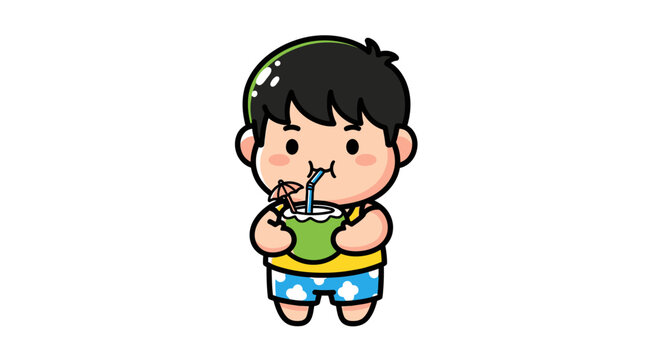 Cute cartoon boy happily drinking from green cup.