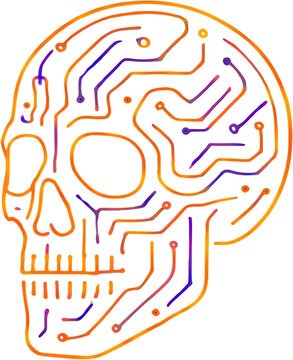Minimalist futuristic human skull made of glowing fiber-optic traces