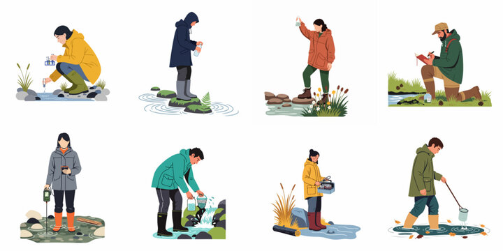 Flat vector illustrations of environmental scientists and researchers collecting water samples and testing water quality in various natural stream and river environments.