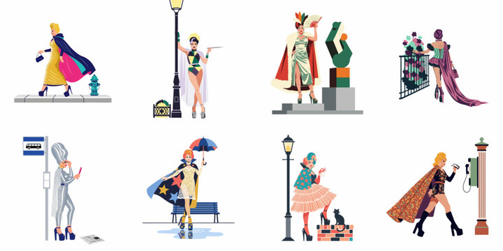 Set of eight flat vector illustrations depicting glamorous drag queens in various urban and artistic settings, showcasing diverse outfits, makeup, and poses.