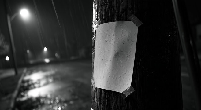 Blank White Paper Flyer Taped on Wet Wooden Pole Night
