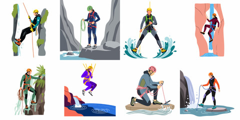 Vector Set of People Canyoning and Rappelling Down Waterfalls, Illustrating Extreme Outdoor Sports, Adventure Activities, and Canyoneering Equipment in a Flat Design Style. © Sabrina