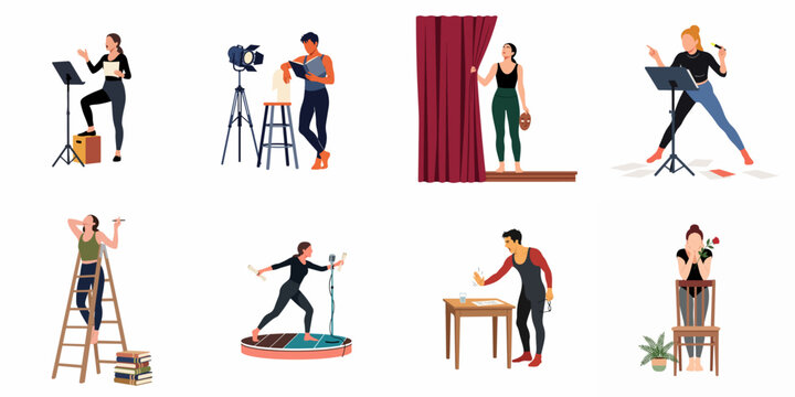 Set of vector illustrations depicting actors and performers in various stages of theater rehearsal, script reading, and stage preparation.