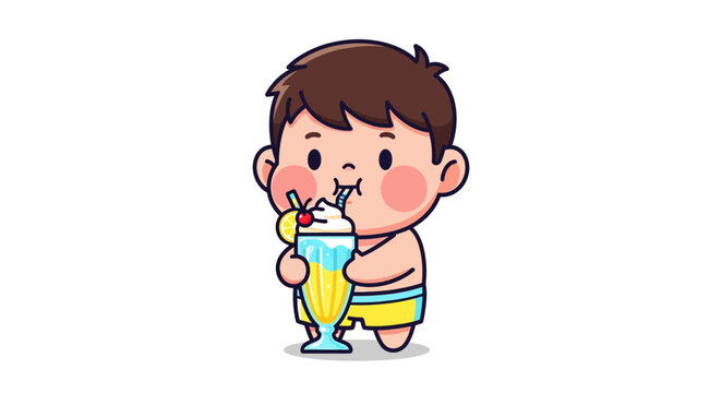 Cute cartoon boy happily drinking colorful juice with straw.