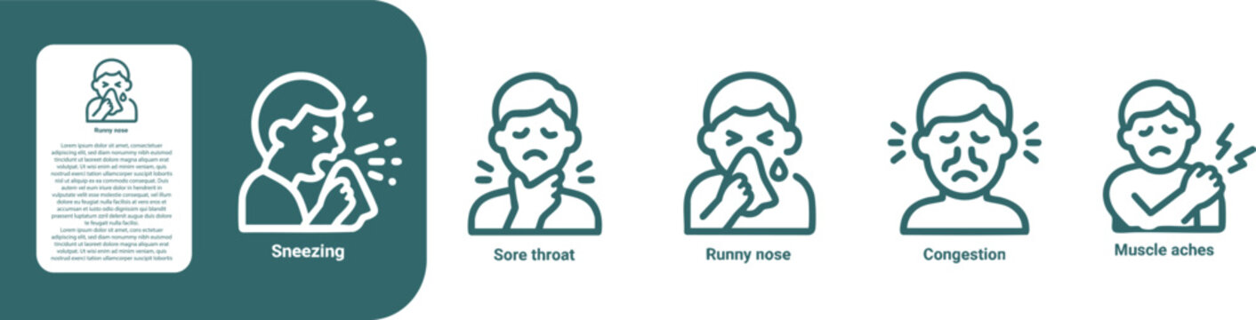Sore throat Runny nose Congestion Sneezing Muscle aches thin line icon