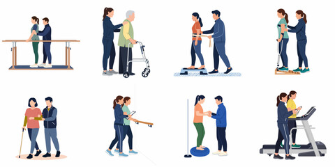 Obraz premium Vector illustration set of physical therapy and rehabilitation scenes featuring patients working with therapists on various mobility exercises and using specialized medical equipment.