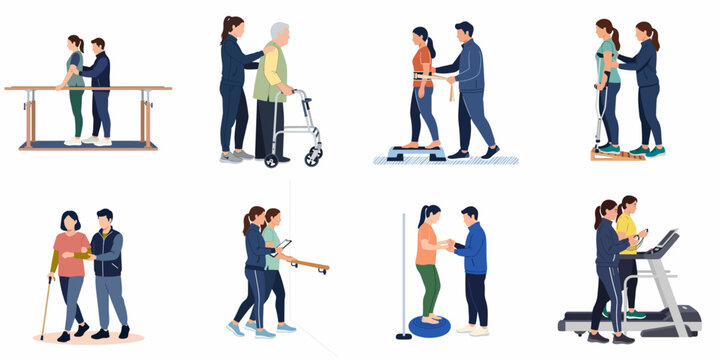 Vector illustration set of physical therapy and rehabilitation scenes featuring patients working with therapists on various mobility exercises and using specialized medical equipment.