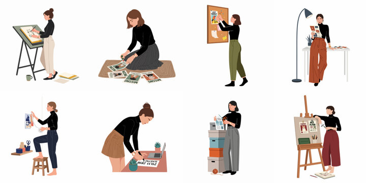 Flat Illustrations of Women Involved in Creative Design Art and Making Pet Search Flyers in Home Office Environments