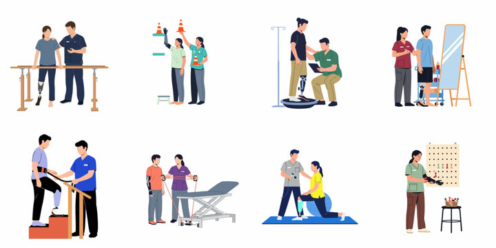 Flat vector illustration set of patients with prosthetic limbs undergoing physical therapy and rehabilitation sessions with medical professionals in various clinical settings.