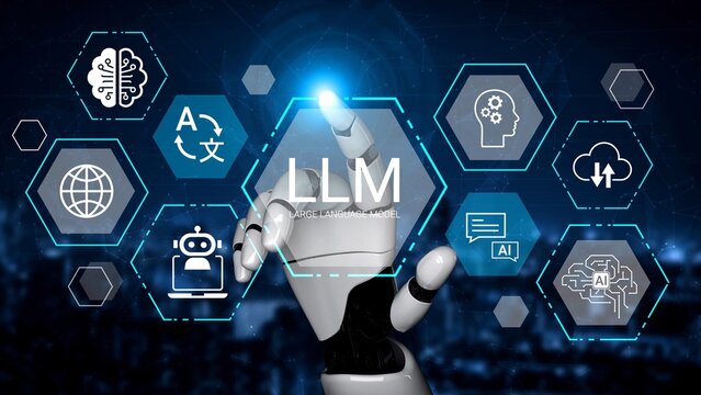 Futuristic Robot Hand Interacting with Digital Icons Representing Artificial Intelligence, Language Processing, and Technology Innovation Gluon.