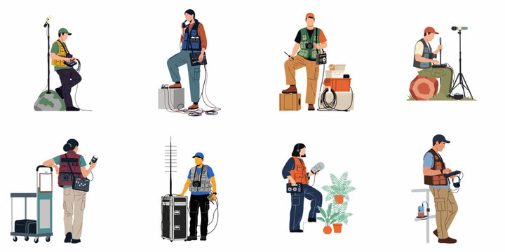Flat vector set of professional sound engineers and field recordists using audio equipment for film and media production, isolated on white background.