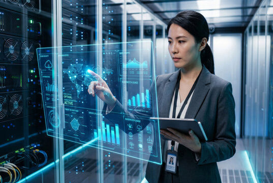 Businesswoman data technology server digital interface analyzing futuristic confident