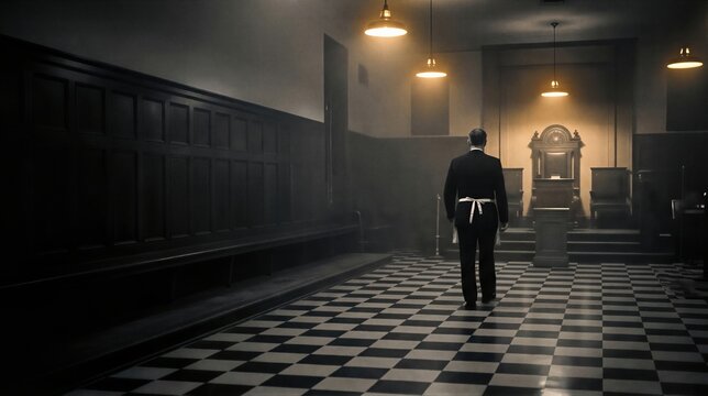 Freemason man in traditional ritual apron walking inside a masonic lodge hall. Checkerboard floor and dark wood interior. Mysterious secret brotherhood meeting room and ancient ritual.
