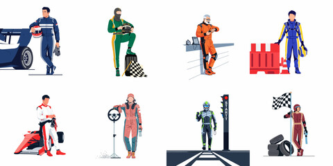 Obraz premium Collection of professional racing drivers and crew members in colorful uniforms with cars, equipment, and checkered flags for motorsport illustrations.