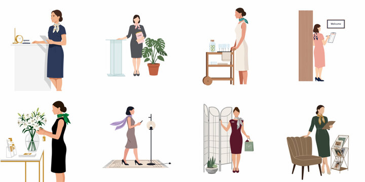 Set of eight professional women in elegant attire performing various hospitality and service tasks, including reception, hosting, and event management.
