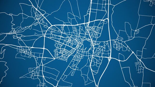 Ink reveal animation of Colmar, Haut-Rhin, Grand Est, France grid map. Aerial top view. Blueprint style. White lines with blue background. 4K Seamless loop.