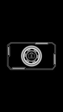 Digital data security system with padlock icon scanning on black background, futuristic interface technology for safe network access and cyber protection dynamic motion graphic.