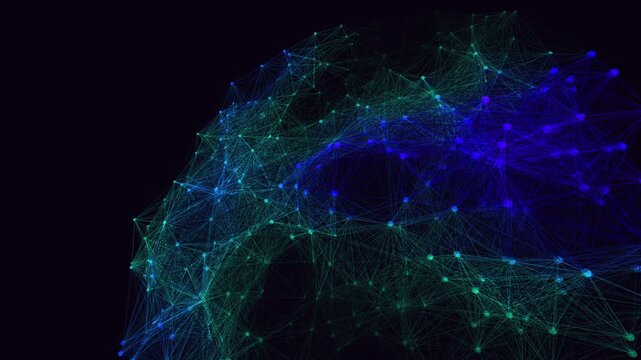 Hypnotic seamless loop of a glowing inferno neural network of disk nodes firing and connecting in a seamless plexus with an elegant inner glow. Ideal for data visualization, digital background.