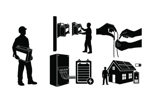 Electrician Team Installation Silhouettes Vector Collection