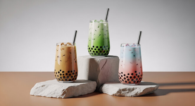 A refreshing selection of colorful boba tea beverages displayed on natural stone platforms against a clean neutral background for a premium product shoot.