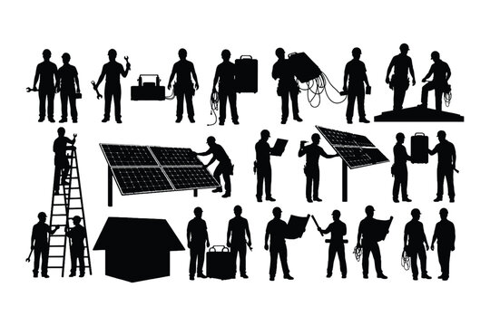 Solar Rooftop Technician Silhouette Collection Vector Set