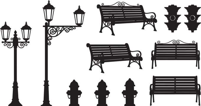 City street furniture silhouettes set including park benches, vintage lamp posts, fire hydrants and traffic lights vector