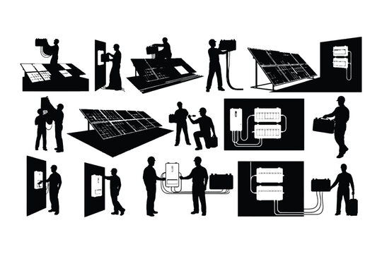 Solar Panel Installation Team Silhouettes Vector Collection