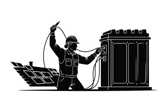 Photovoltaic Technician Silhouette Working on Inverter