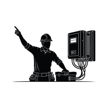 Electrician Silhouette Maintaining Solar Inverter Unit