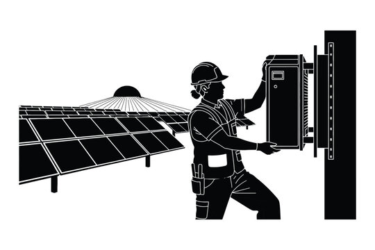 Solar Power Engineer Silhouette Inspecting Inverter System