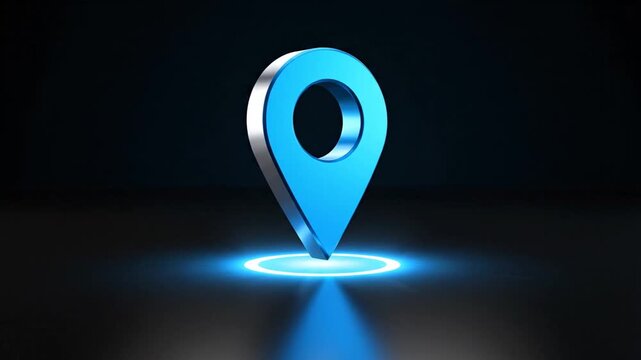 3D blue location pin icon on dark reflective surface