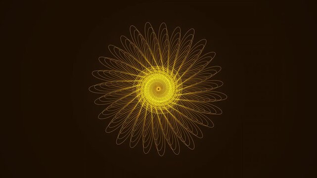 Hypnotic seamless loop of a glowing orange spirograph sacred-geometry pattern breathing in radial symmetry in rich volumetric light. Ideal for yoga, video overlay. 4K UHD.