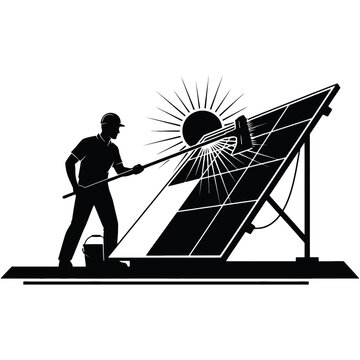 Solar Technician Cleaning Photovoltaic Panels at Sunrise