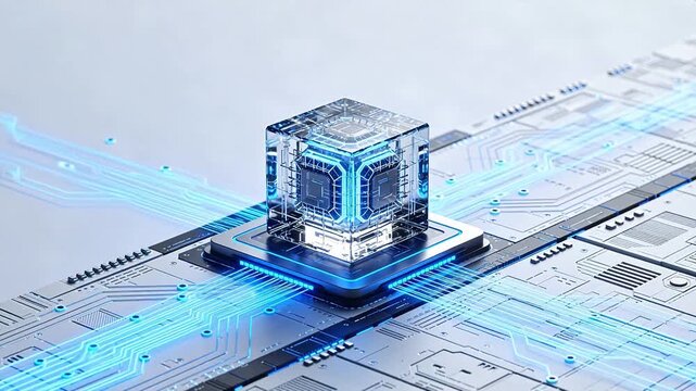 Futuristic circuit board with glowing cube