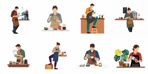 Fototapeta premium Set of flat illustrations featuring diverse baristas preparing coffee, pouring milk, and making latte art in various modern cafe settings.