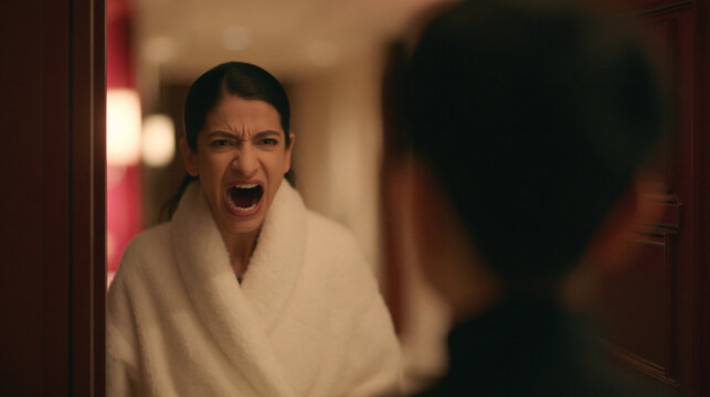 Furious female hotel guest in a bathrobe aggressively complaining to staff at the room door. Concept of dissatisfaction with room service, customer claims, and poor quality