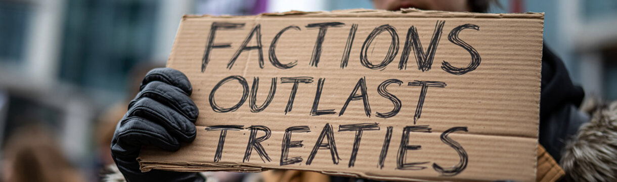 Protest Sign: Factions Outlast Treaties: A close-up of a person holding a handmade cardboard sign with bold, handwritten text that reads Factions Outlast Treaties.