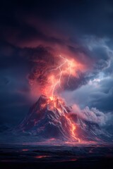 Fototapeta premium A majestic volcano erupting lava and smoke, with a lightning bolt striking its peak, set against a backdrop of dark, stormy clouds. The digital artwork, titled Kilauea Volcano.