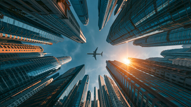 Urban Flight: A passenger airplane soars through a clear blue sky, framed by towering modern skyscrapers that reach towards the heavens, embodying the spirit of progress and connectivity.