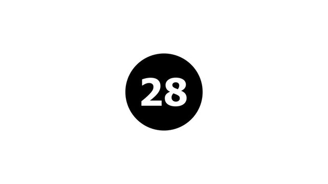 Black circle featuring number twenty eight on white background.