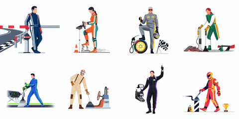 Naklejka premium Collection of diverse race car drivers and pit crew members in professional suits with racing equipment on a white background.